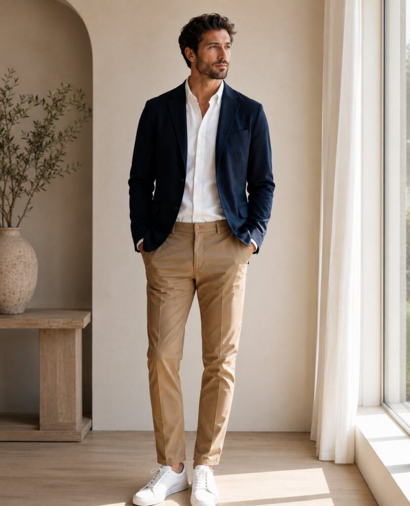Man wearing a navy blue blazer, white shirt, and khaki pants standing in a bright room.