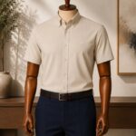 Mannequin wearing a beige short-sleeve button-down shirt and navy blue tailored trousers.