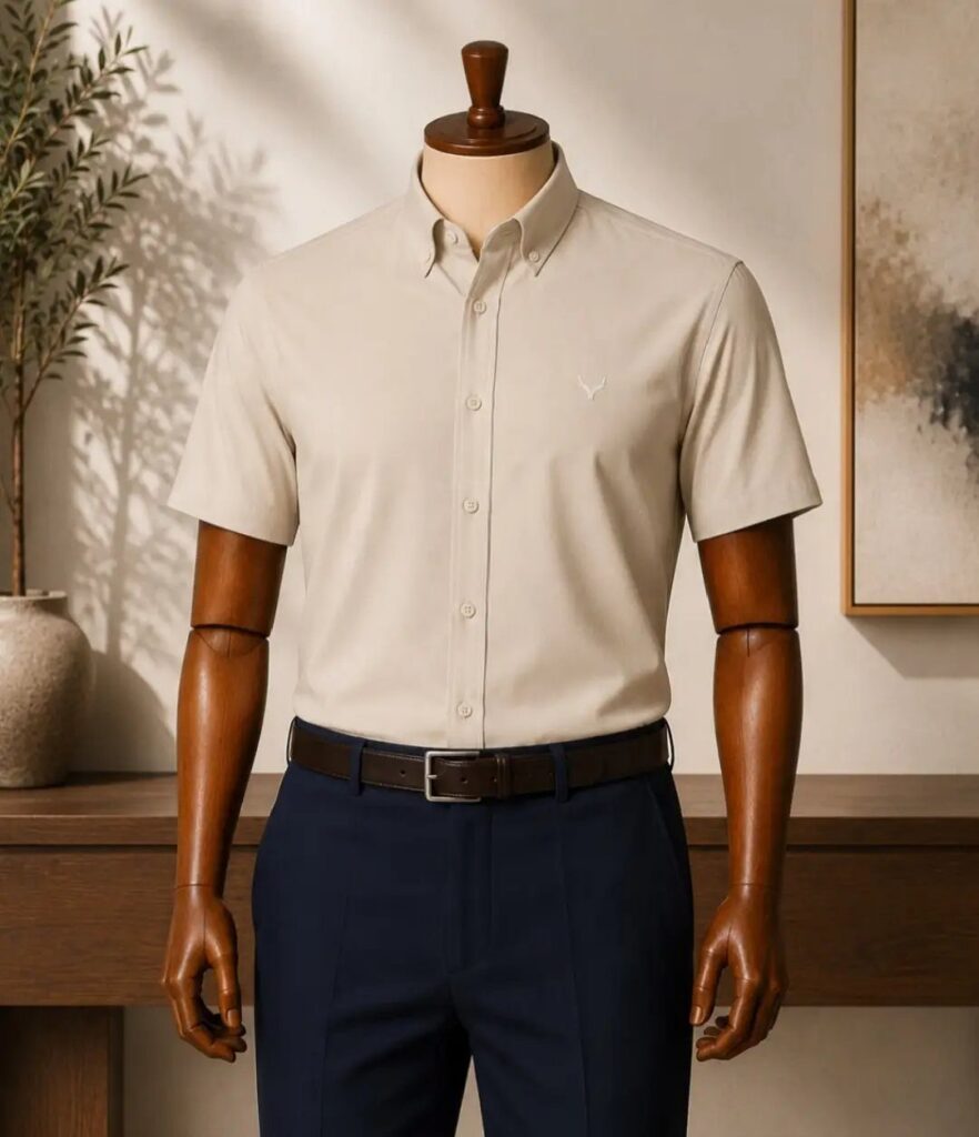 Mannequin wearing a beige short-sleeve button-down shirt and navy blue tailored trousers.