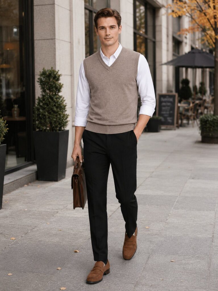 Man walking outdoors wearing a white shirt, tan sweater vest, black pants, and brown loafers.