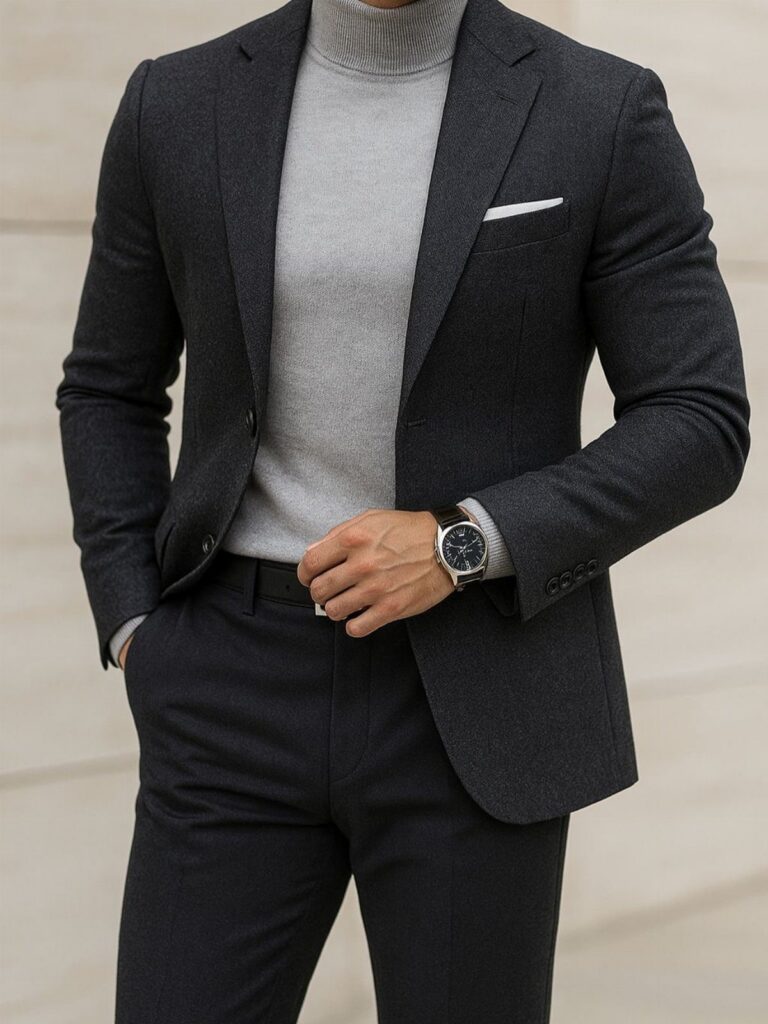 A man wearing a charcoal wool blazer, grey turtleneck, and dark trousers with a pocket square.