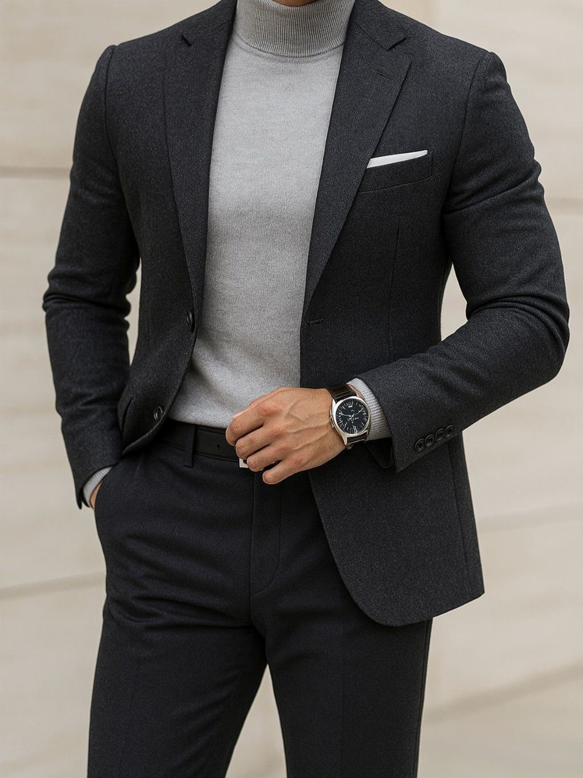 A man wearing a charcoal wool blazer, grey turtleneck, and dark trousers with a pocket square.