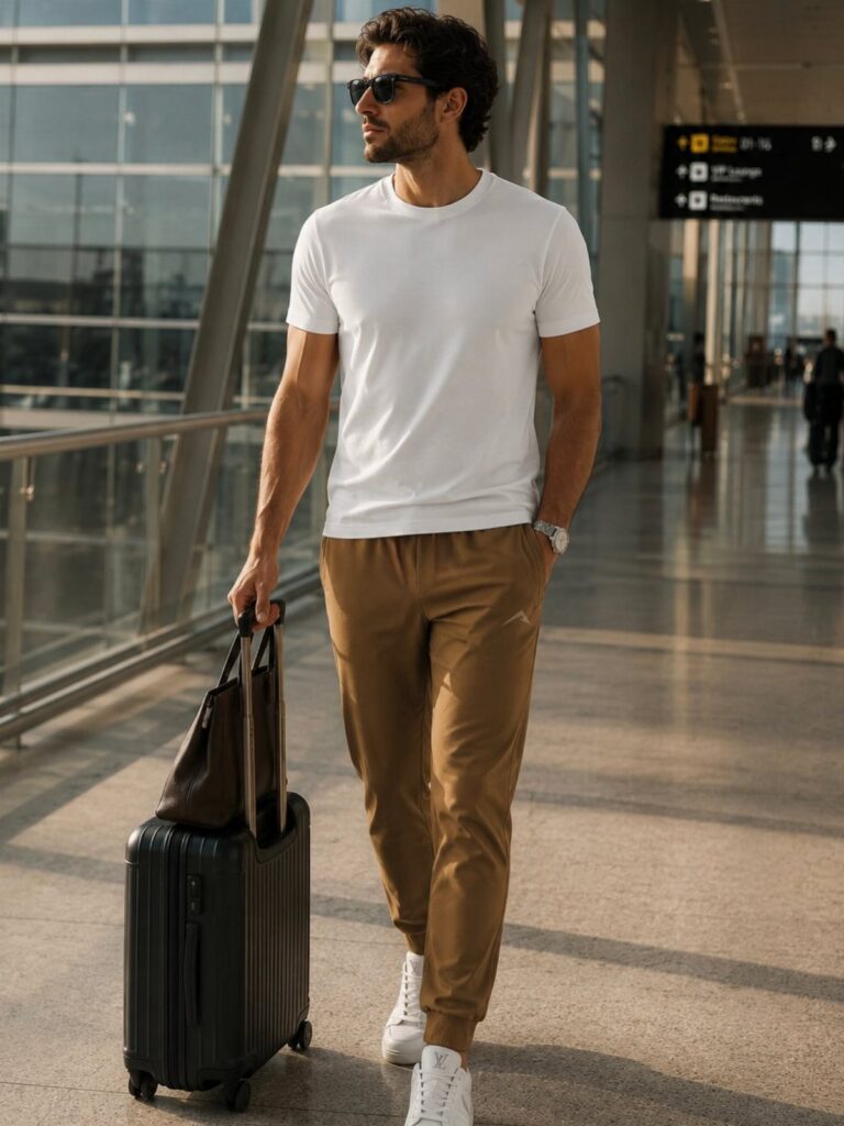 A man in a white t-shirt and brown joggers walks through an airport pulling a black suitcase.