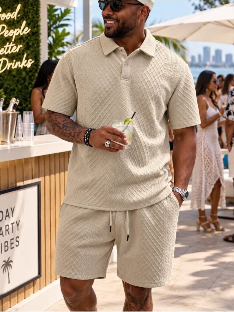 A man in a beige textured polo shirt and matching shorts holding a cocktail outdoors.