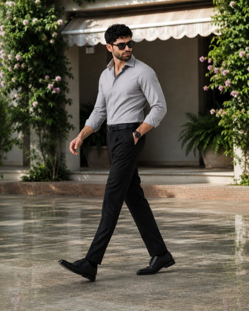 A man in a grey dress shirt and black trousers walking outdoors.
