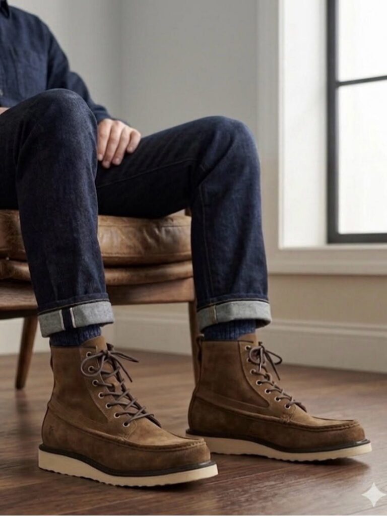 Brown suede lace-up ankle boots worn with dark blue cuffed denim jeans.