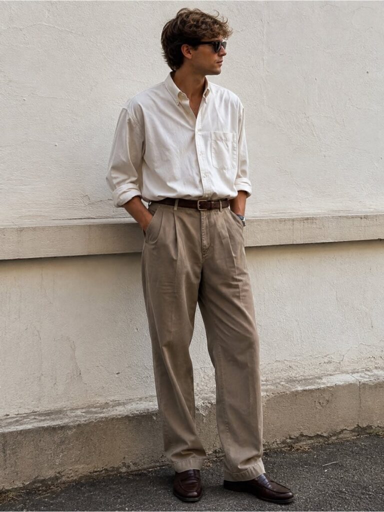 Man wearing a white button-up shirt and tan wide-leg trousers standing against a white wall.