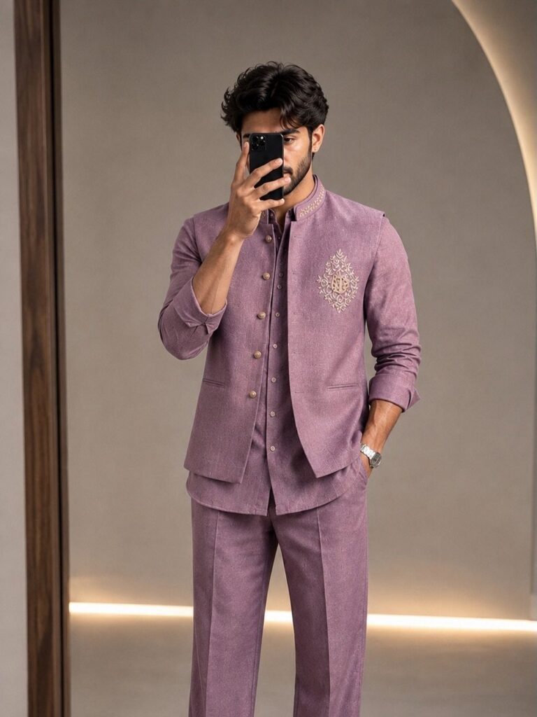 A man in a lavender embroidered waistcoat and matching trousers taking a mirror selfie.