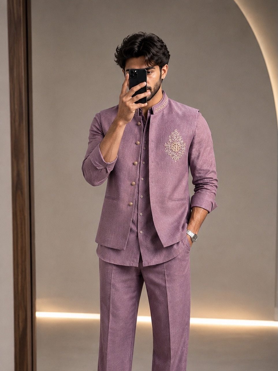 A man in a lavender embroidered waistcoat and matching trousers taking a mirror selfie.