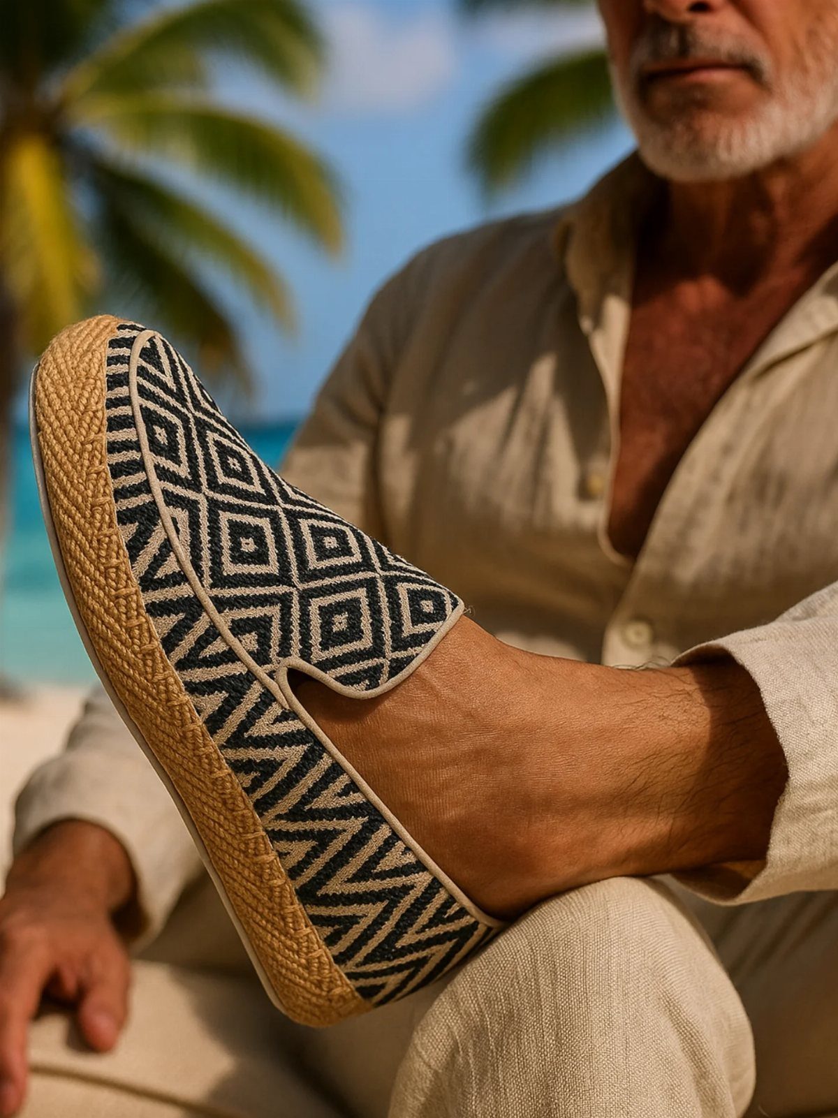 A man wearing a navy and cream patterned espadrille shoe while sitting outdoors near a beach.