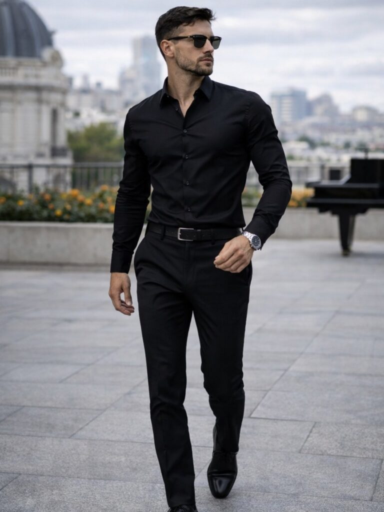 A man in an all-black formal outfit walking on a city terrace wearing sunglasses.