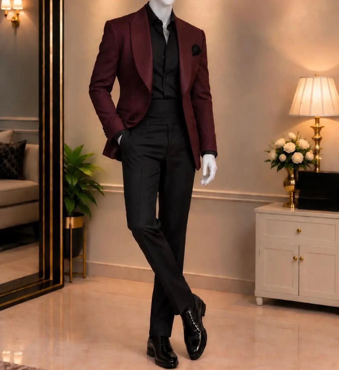 A mannequin dressed in a maroon tuxedo jacket and black trousers standing in an elegant room.