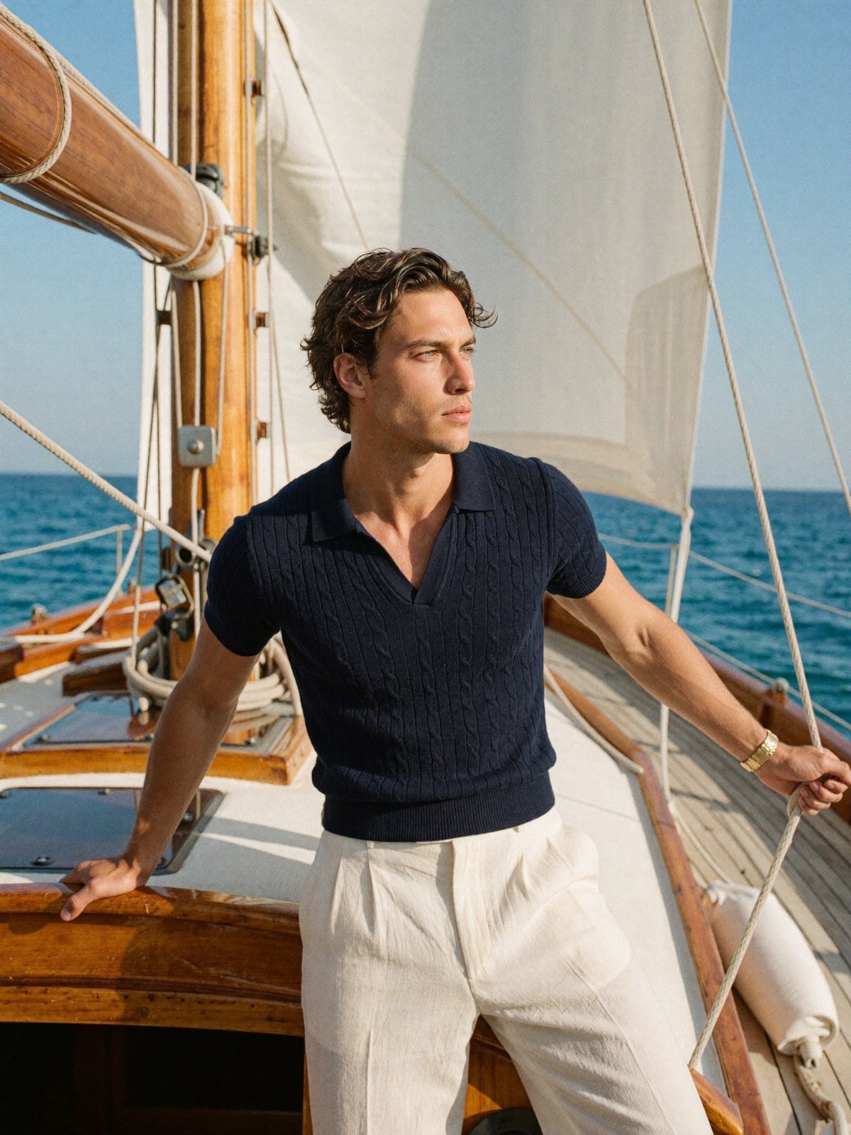 Man in a navy knit polo shirt and white linen trousers standing on a sailboat.