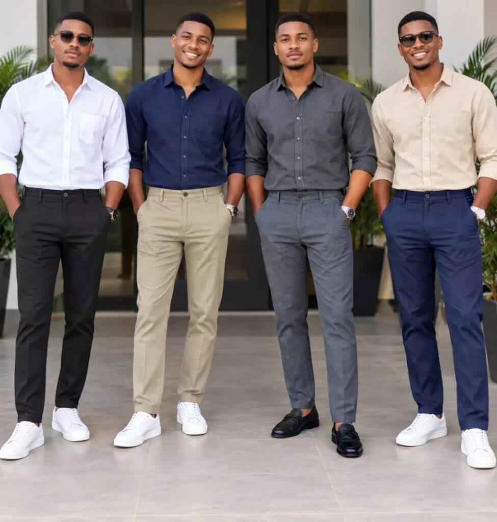 Four men posing in smart-casual button-down shirts and trousers for office attire inspiration.