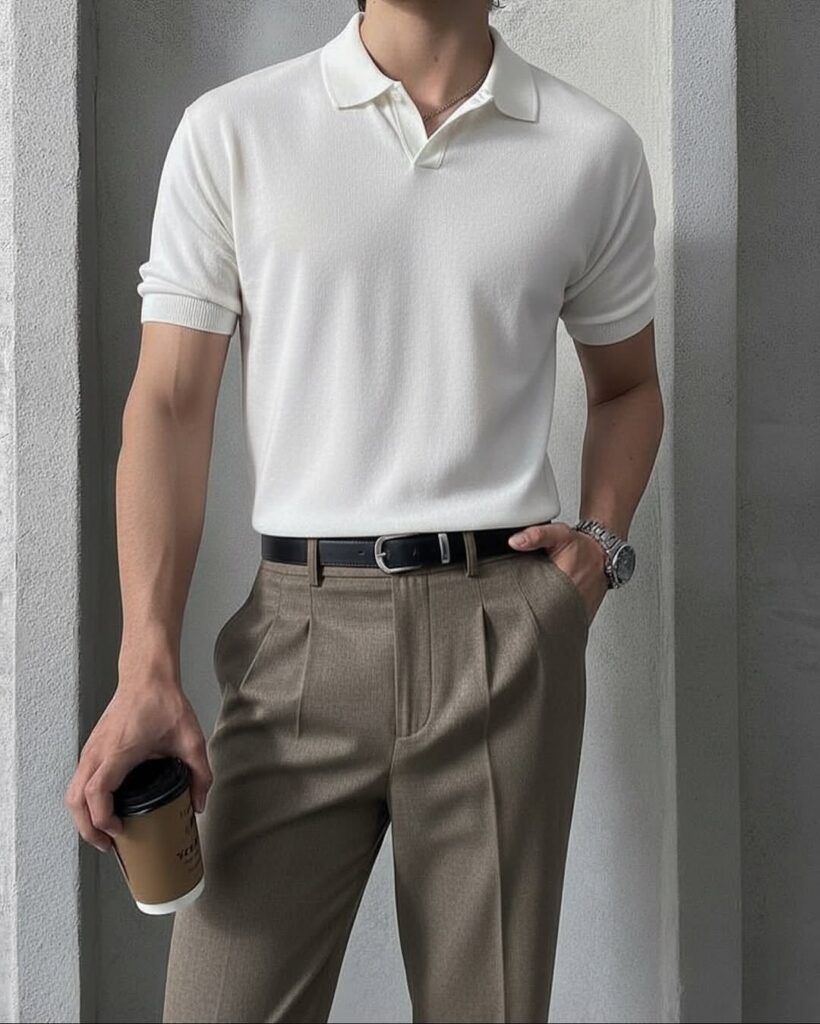 Man in a white polo shirt and khaki pleated trousers holding a coffee cup.