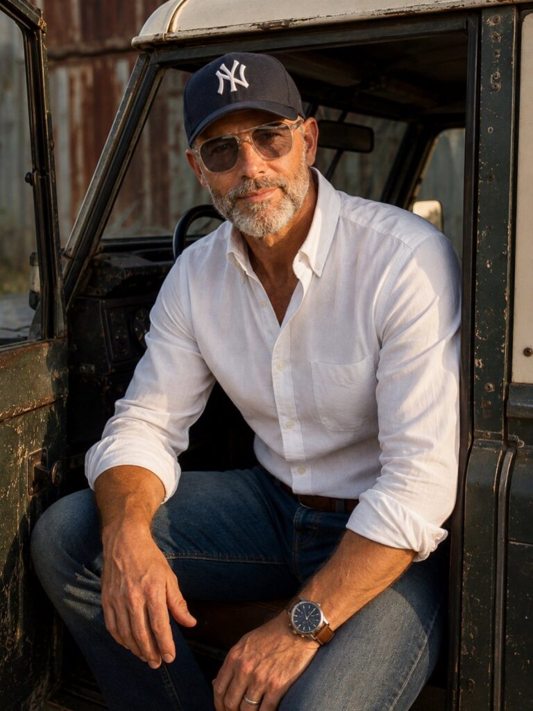 A mature man with a grey beard wearing a white shirt and baseball cap sitting in a vehicle.