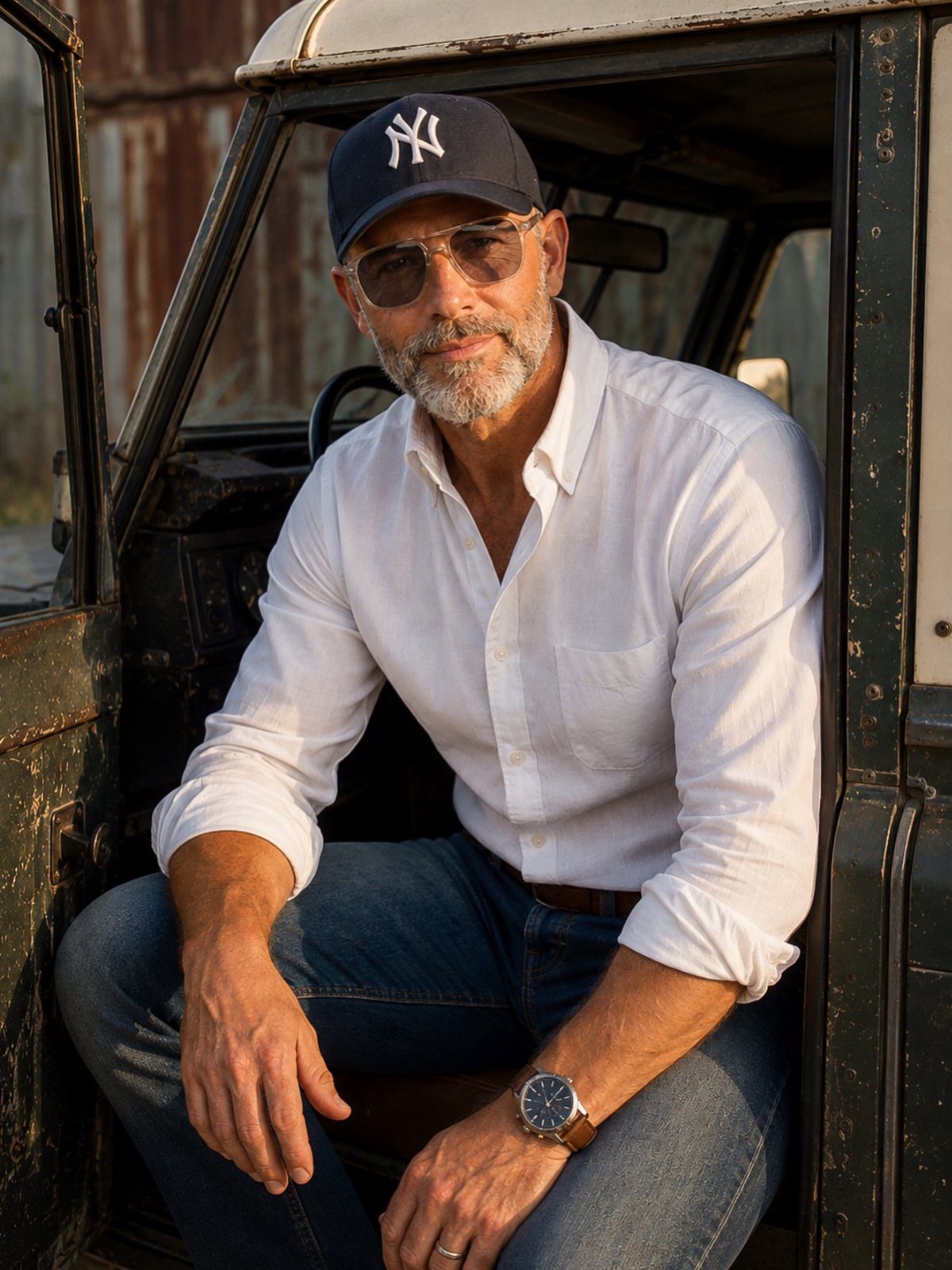 A mature man with a grey beard wearing a white shirt and baseball cap sitting in a vehicle.