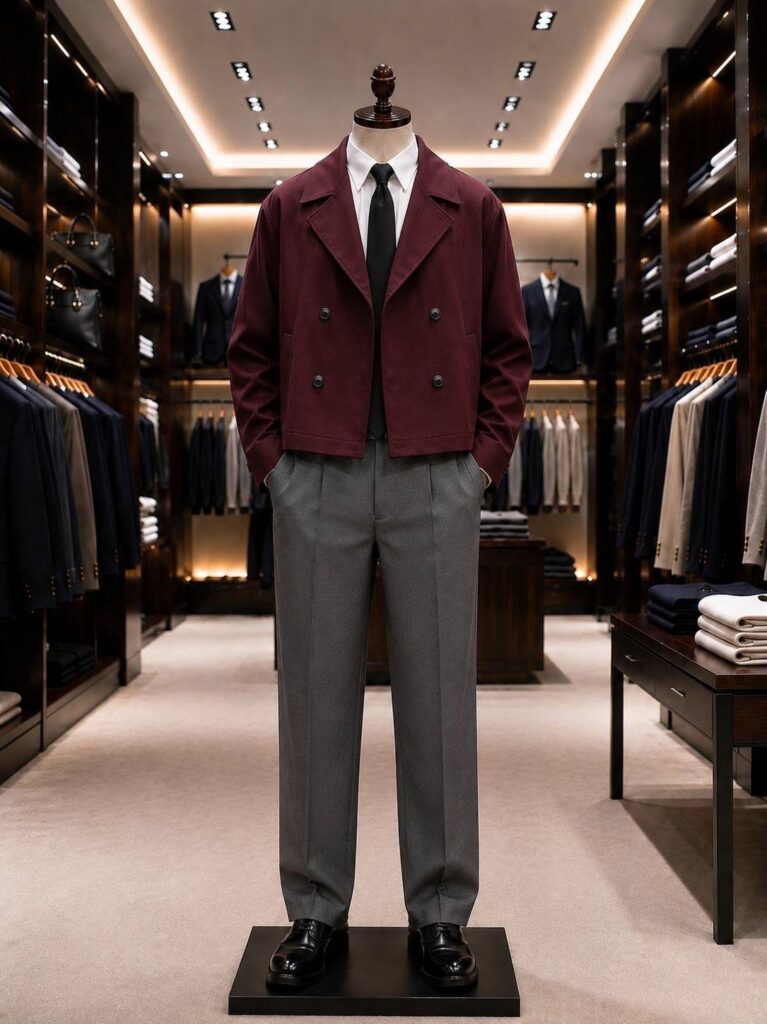 A mannequin wearing a maroon jacket and grey tailored trousers in a luxury clothing store.