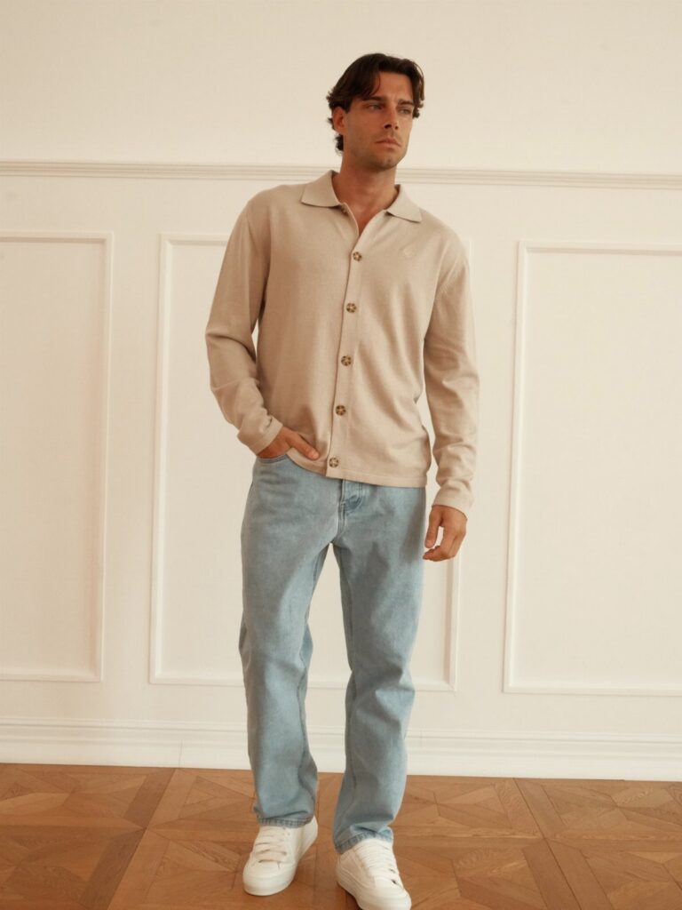 Man wearing a beige button-down lightweight knit sweater and light blue jeans.