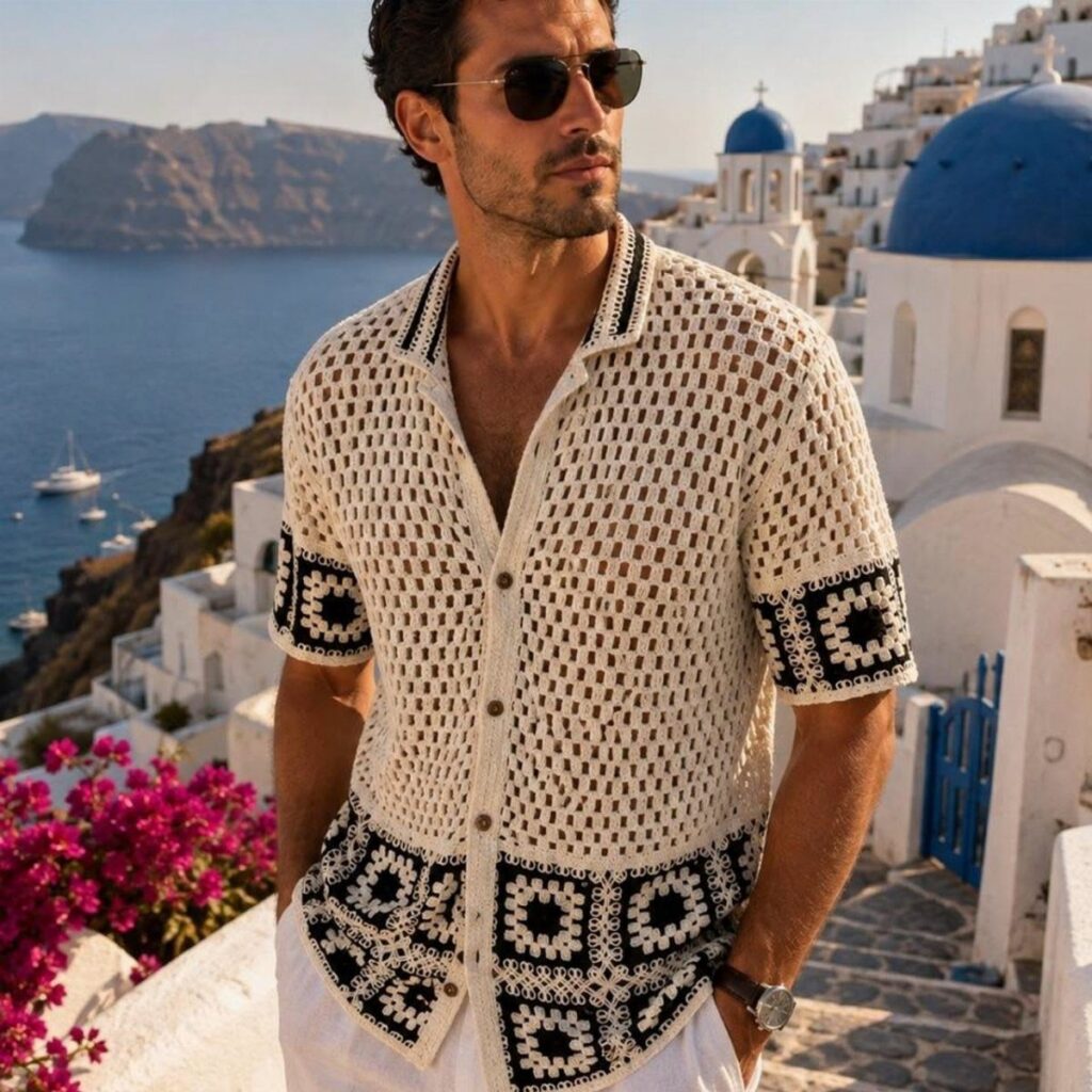 Man wearing a cream and black patterned crochet shirt overlooking the sea in Santorini.