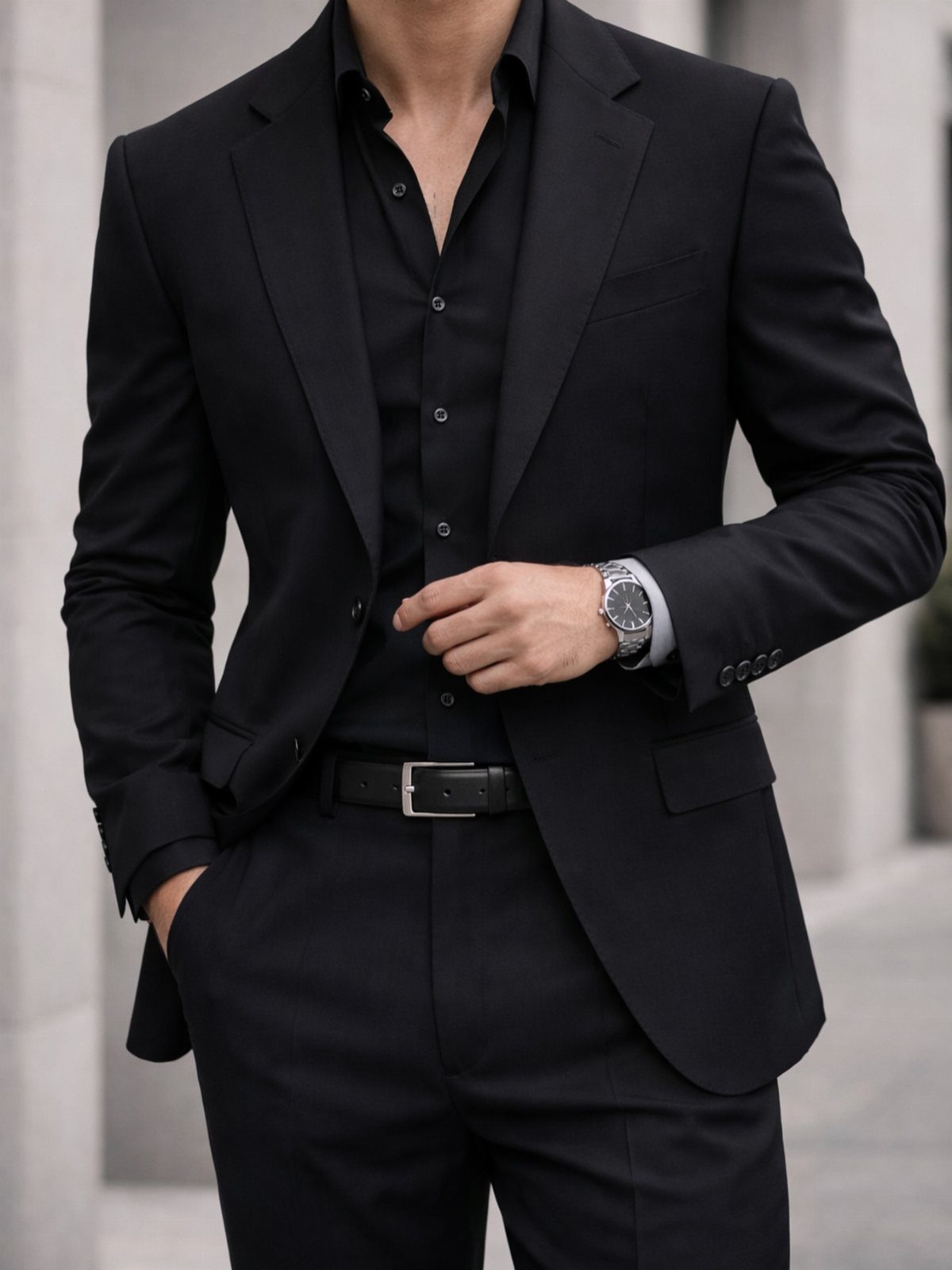 A man dressed in a sharp black blazer, black shirt, and matching trousers.